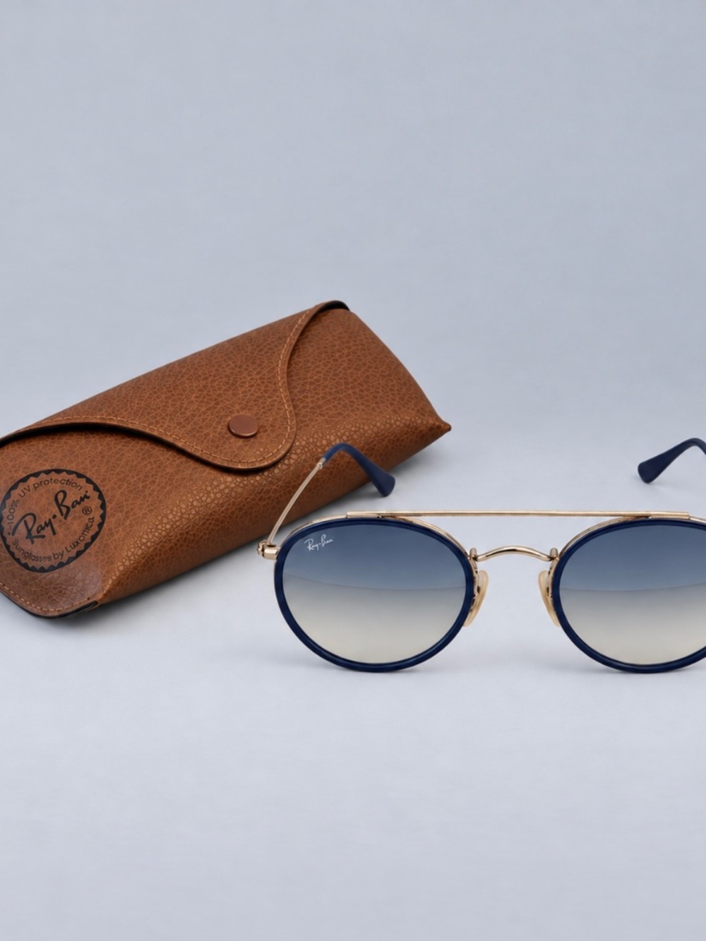 Ray-Ban RB3647N Round Double Bridge Sunglasses Gold Blue 001/9U 51mm W/ Case